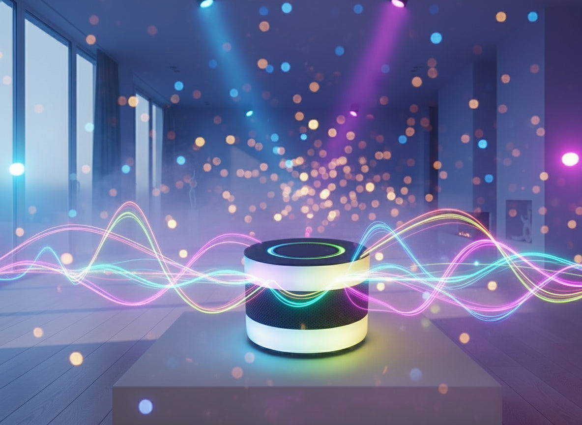 Colorful cylindrical object glowing with RGB lights on a dark surface